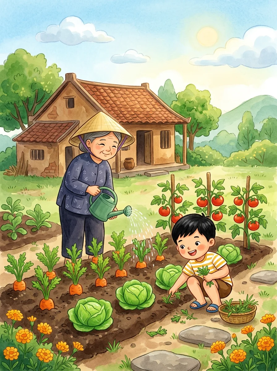 Tranh minh hoạ phiếu Đọc hiểu: Vườn rau của bà